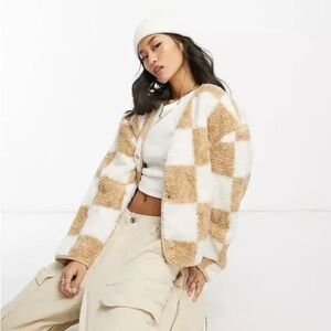 Abercrombie & Fitch Brown Checkered Sherpa Cropped Jacket